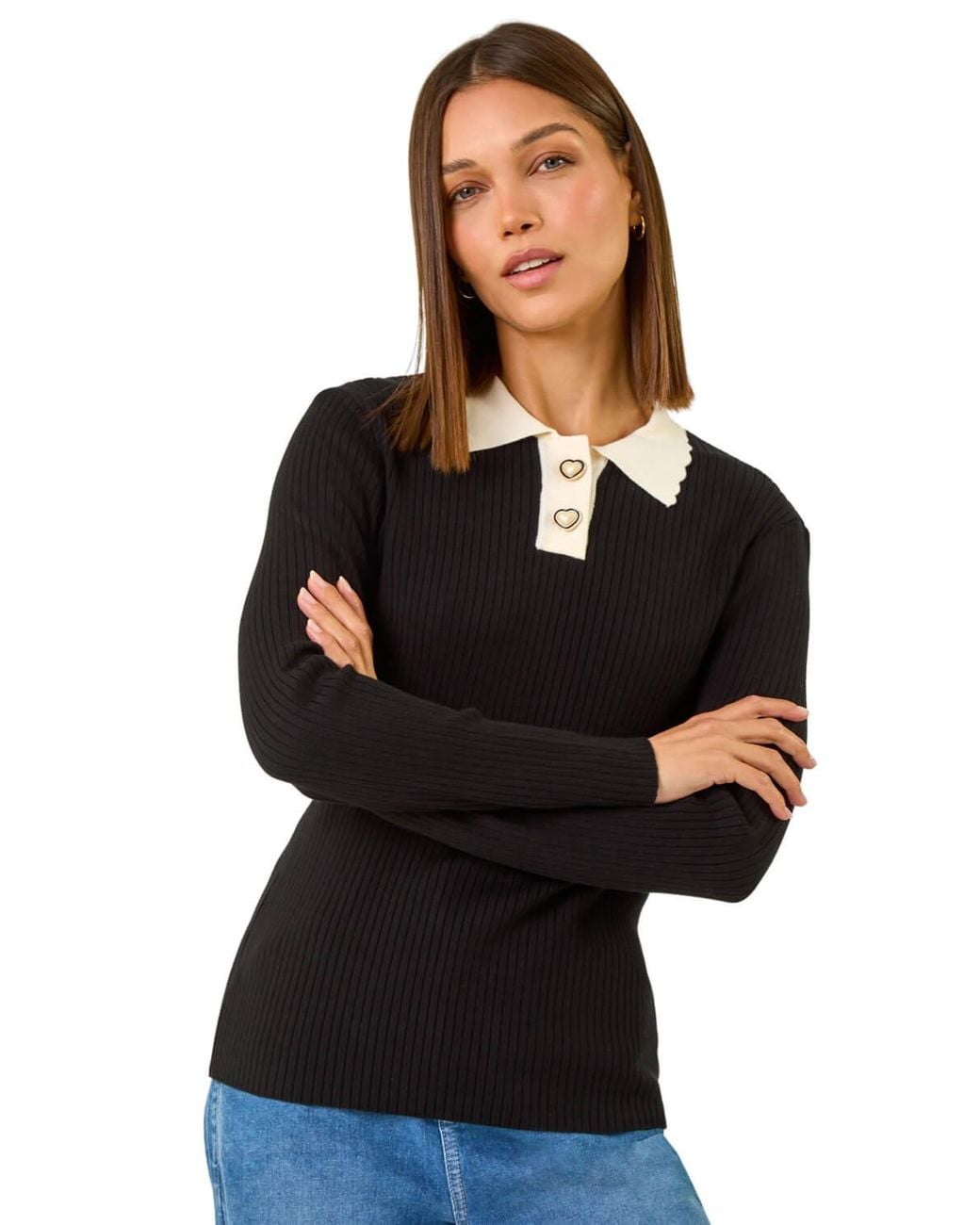 Roman Black Button Scallop Collar Ribbed Jumper