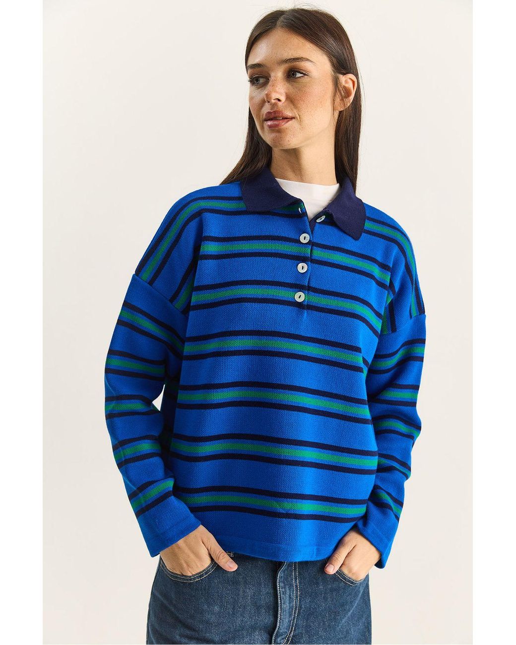 Bianco Lucci Blue Striped Polo Collar Button Sweater
