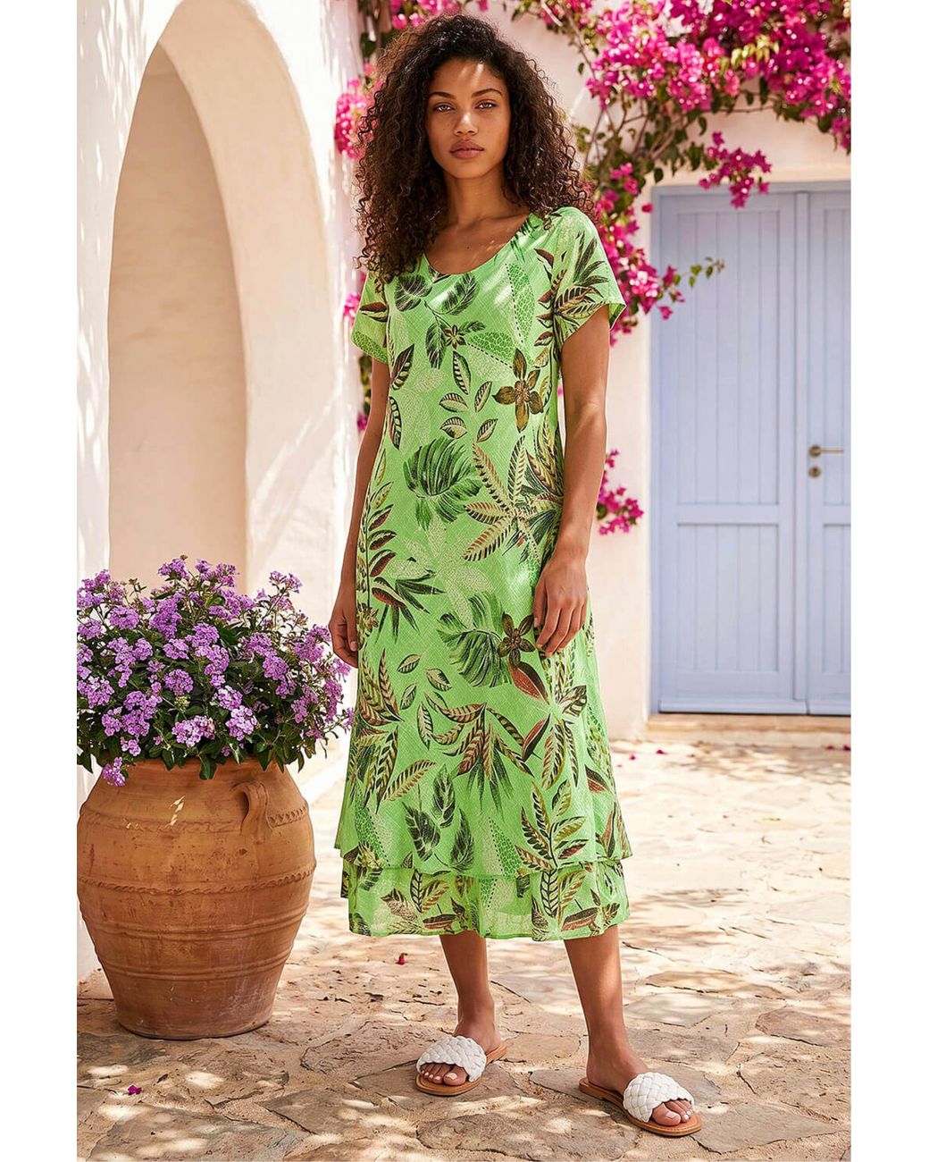 Roman Green Petite Leaf Print Layered Hem Dress