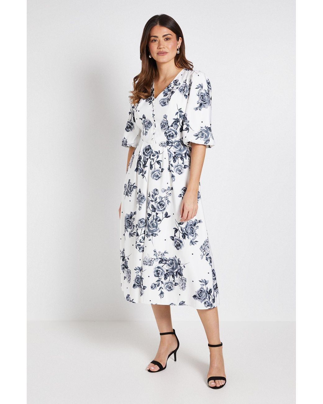 Wallis White Floral Polka Dot Button Ottoman Twill Midi Dress