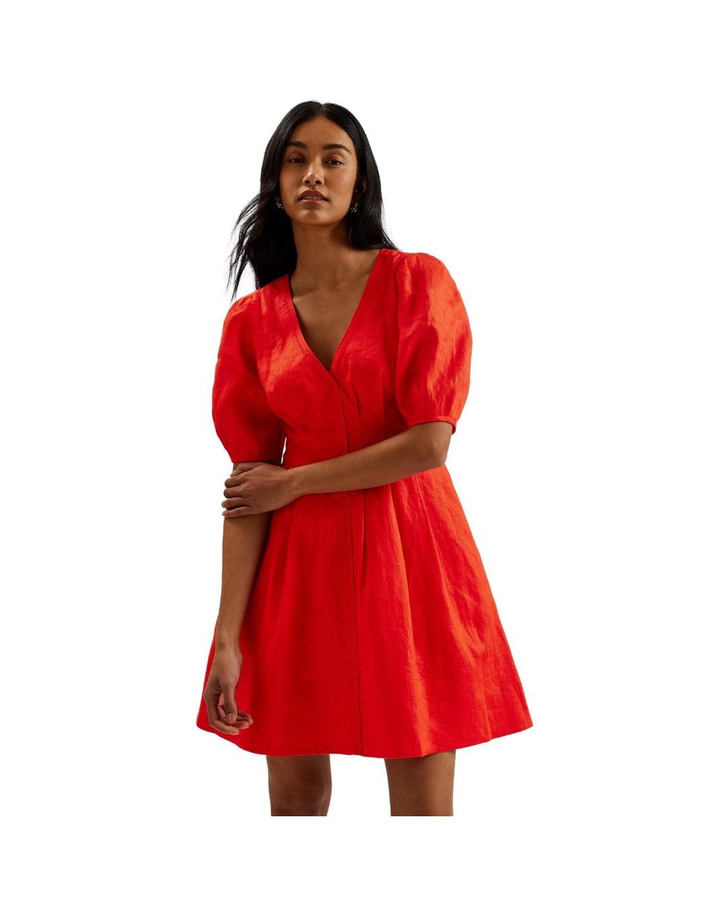 Ted Baker Red Koyo Linen Puff Sleeve Mini Dress