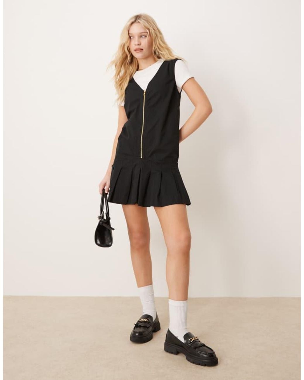 ASOS Black Zip Through Mini Twill Pinny Dress With Pleated Skirt