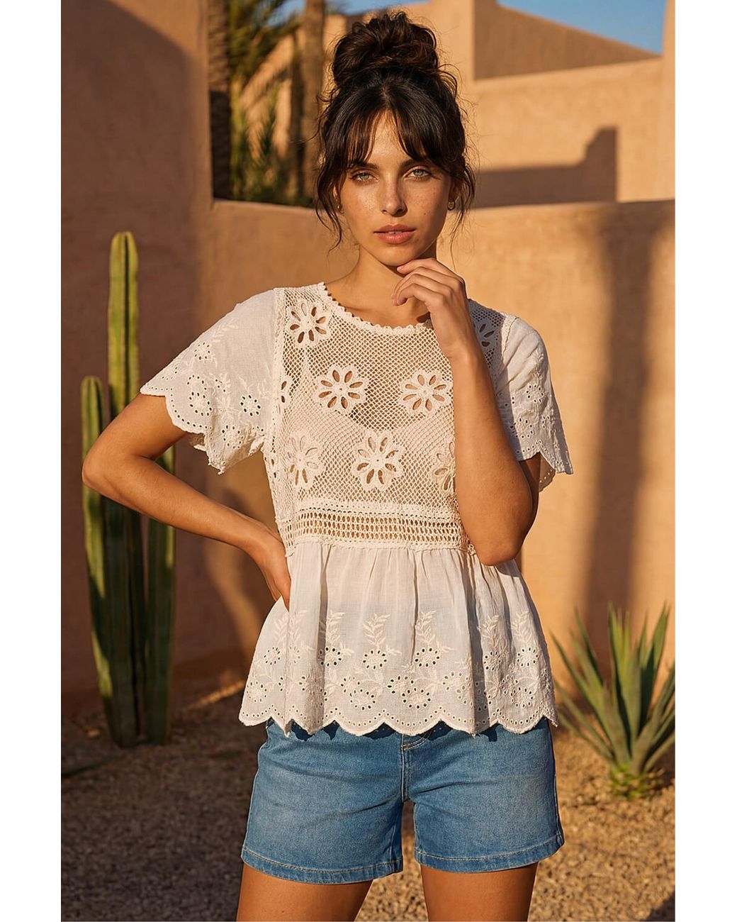 D.u.s.k Natural Floral Crochet Tunic Top
