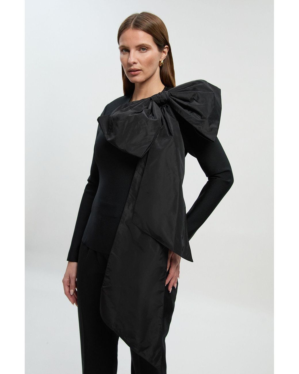 Karen Millen Black Figure Form Bandage Taffeta Bow Knit Top