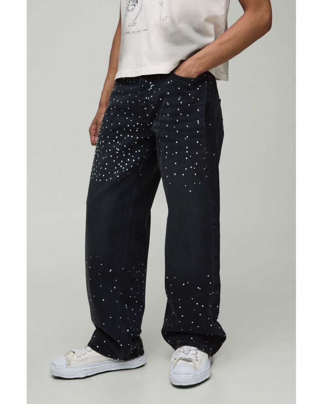 BoohooMAN Black All Over Rhinestone Star Pocket Relaxed Fit Jeans for men