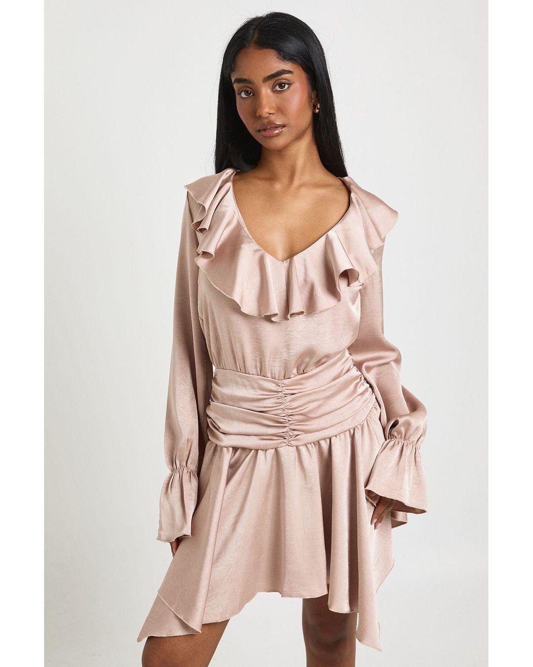 Boohoo Pink Textured Satin Ruffle Detail Mini Dress