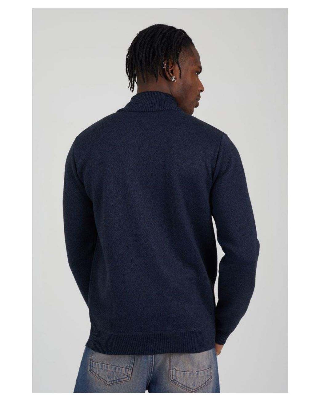 Brave Soul Blue Quarter Zip Funnel Neck Rib Knit Jumper With Stripe Detail for men