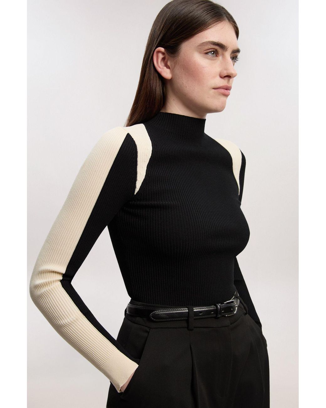 Karen Millen Black Rib Knit Colour Block Top