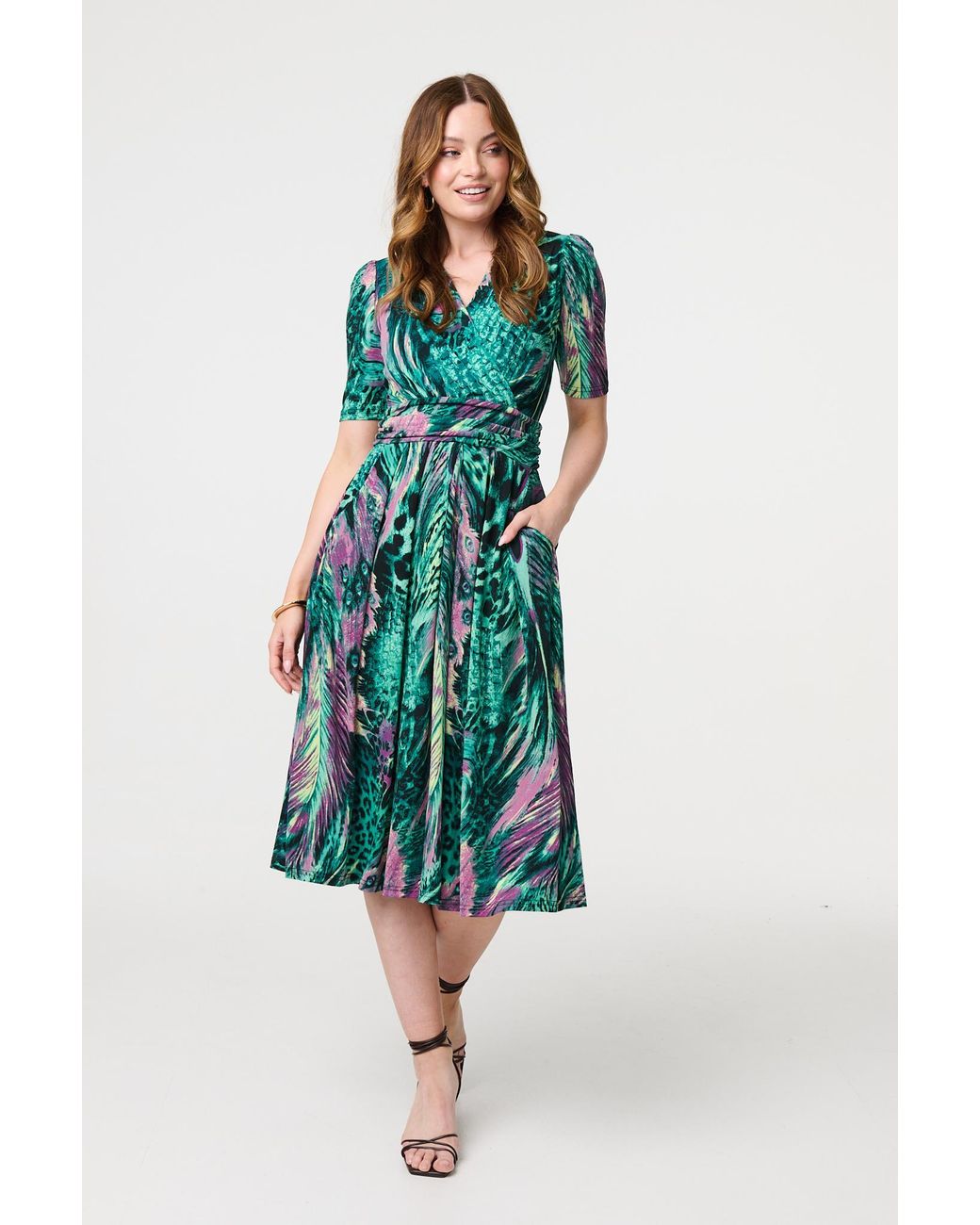 Izabel London Blue Feather Print 1/2 Sleeve Wrap Midi Dress
