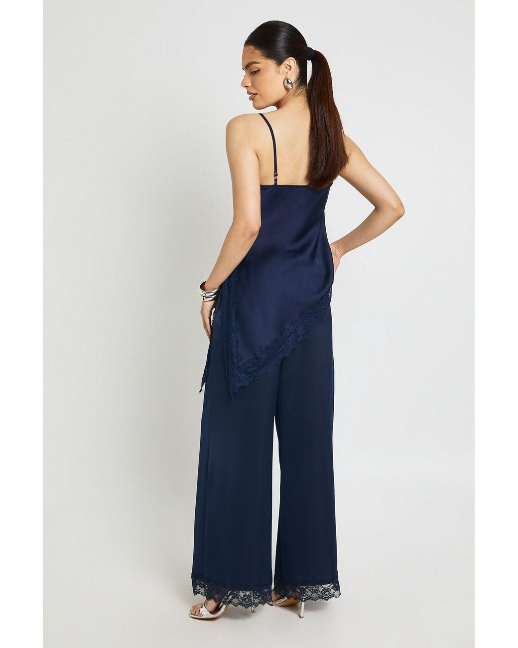 Boohoo Blue Satin Lace Trim Wide Leg Trousers