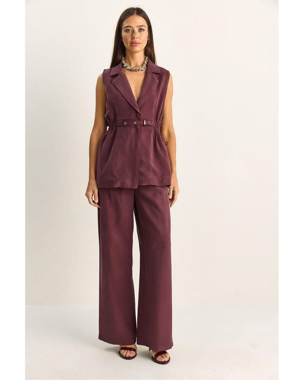 Bianco Lucci Red High Waist Wide Leg Co-Ord Set With Jacket Collar