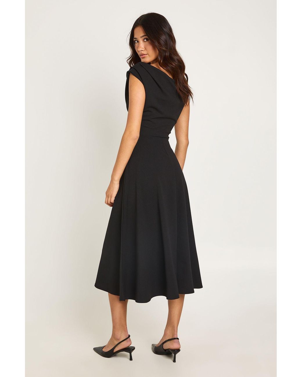 Boohoo Black Jersey Crepe Drape Shoulder Midi Skater Dress