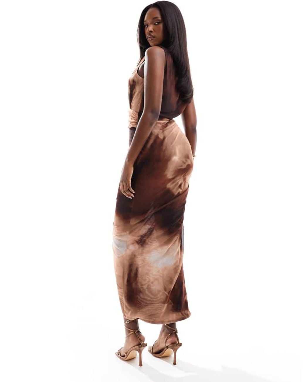 ASOS Brown Plunge Neck Asymmetric Draped Mesh Midi Dress