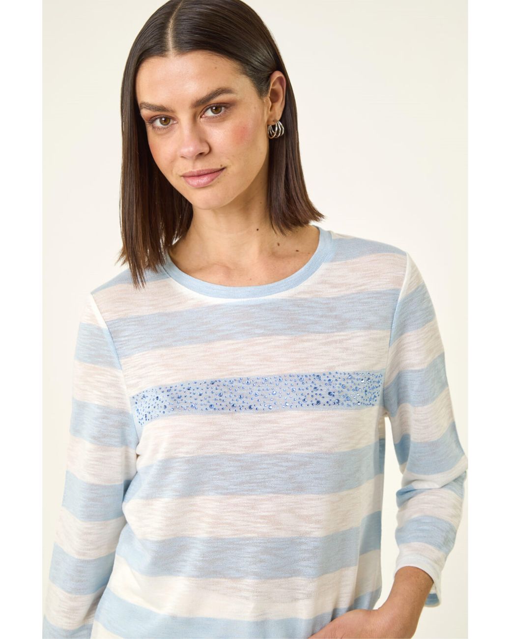 Roman White Embellished Stripe Stretch Top