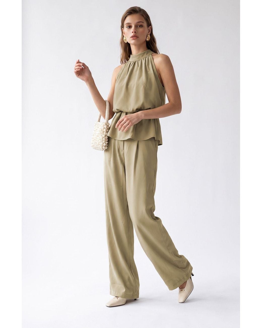 MixRay Green Halter Blouse And Wide-Leg Pants Set