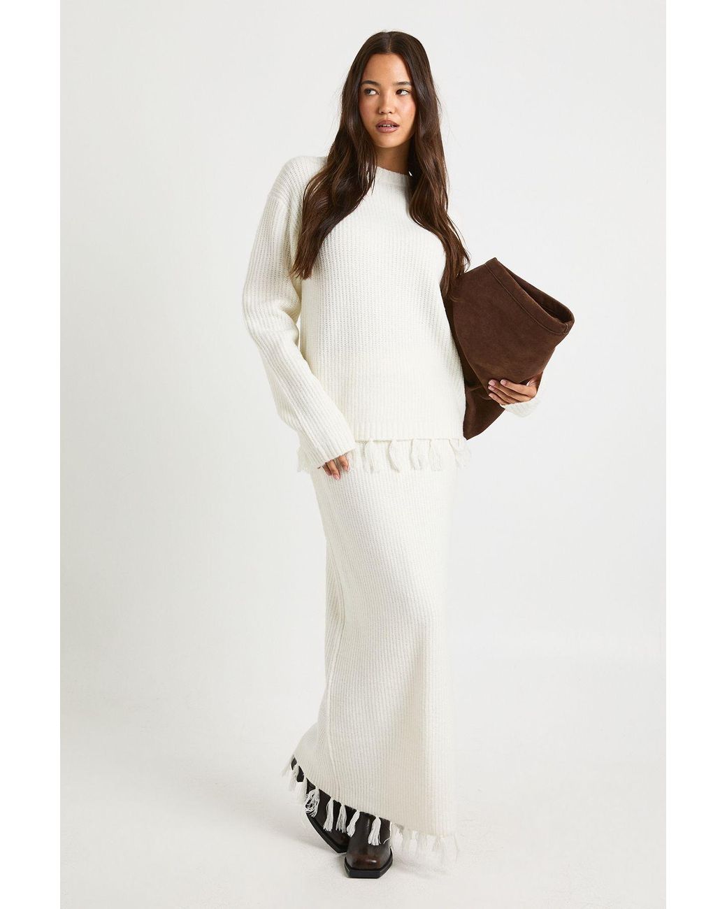 Boohoo White Tassel Hem Detail Oversized Sweater And Knitted Skirt Co-Ord