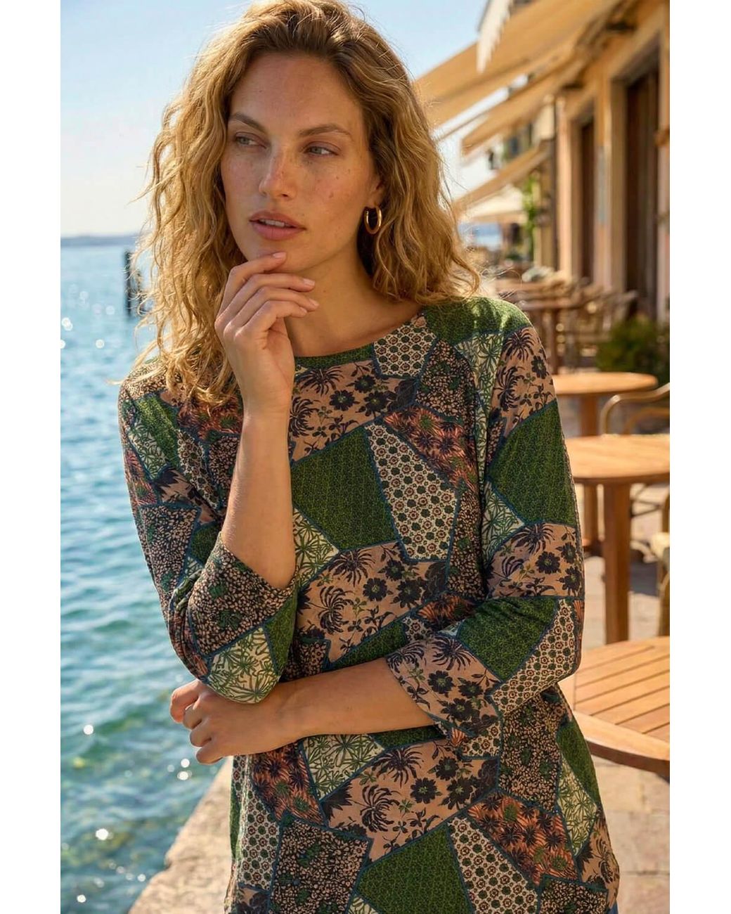 Roman Green Floral Patchwork Stretch Top