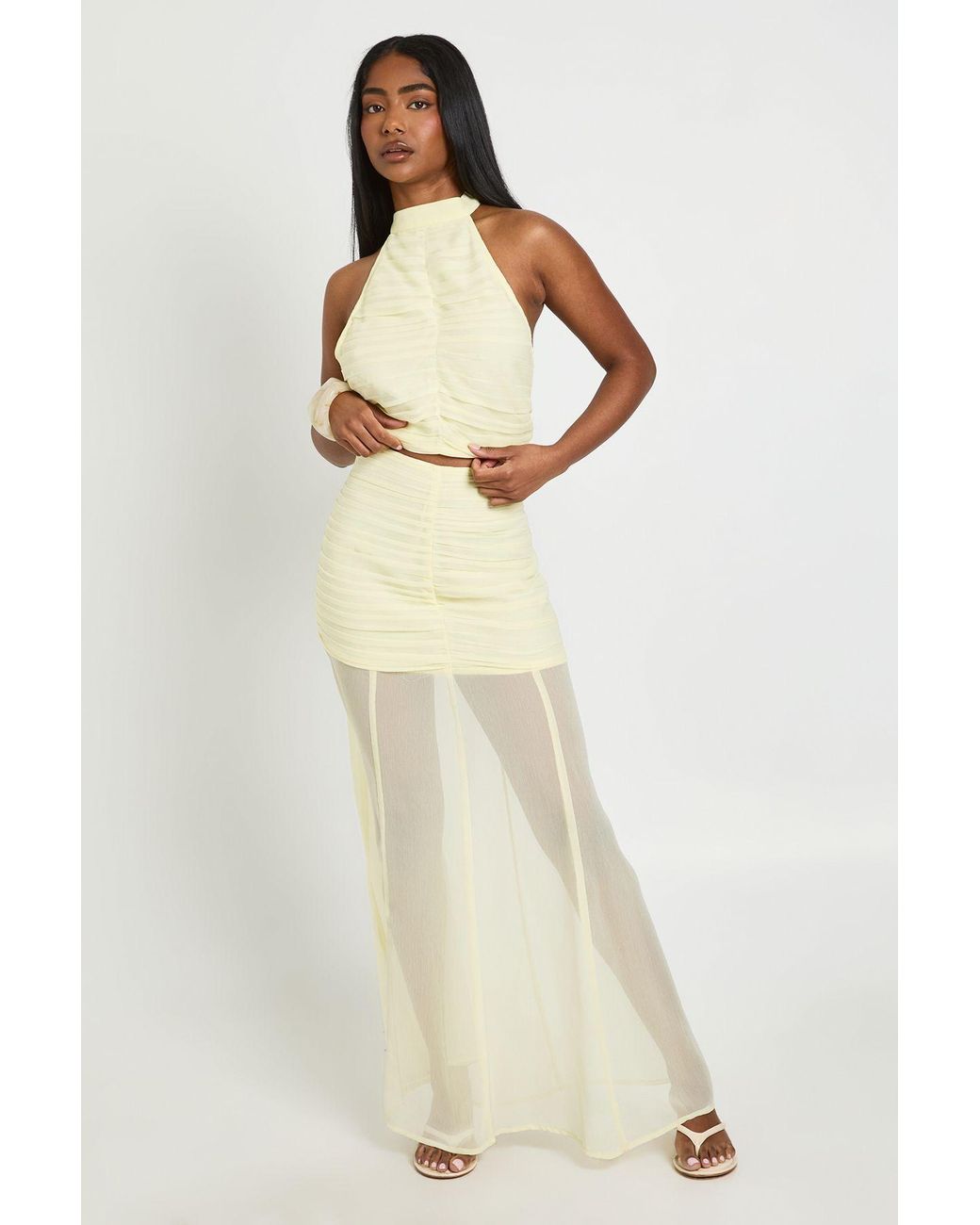 Boohoo Natural Chiffon Ruched Halterneck Top And Maxi Skirt Co-Ord