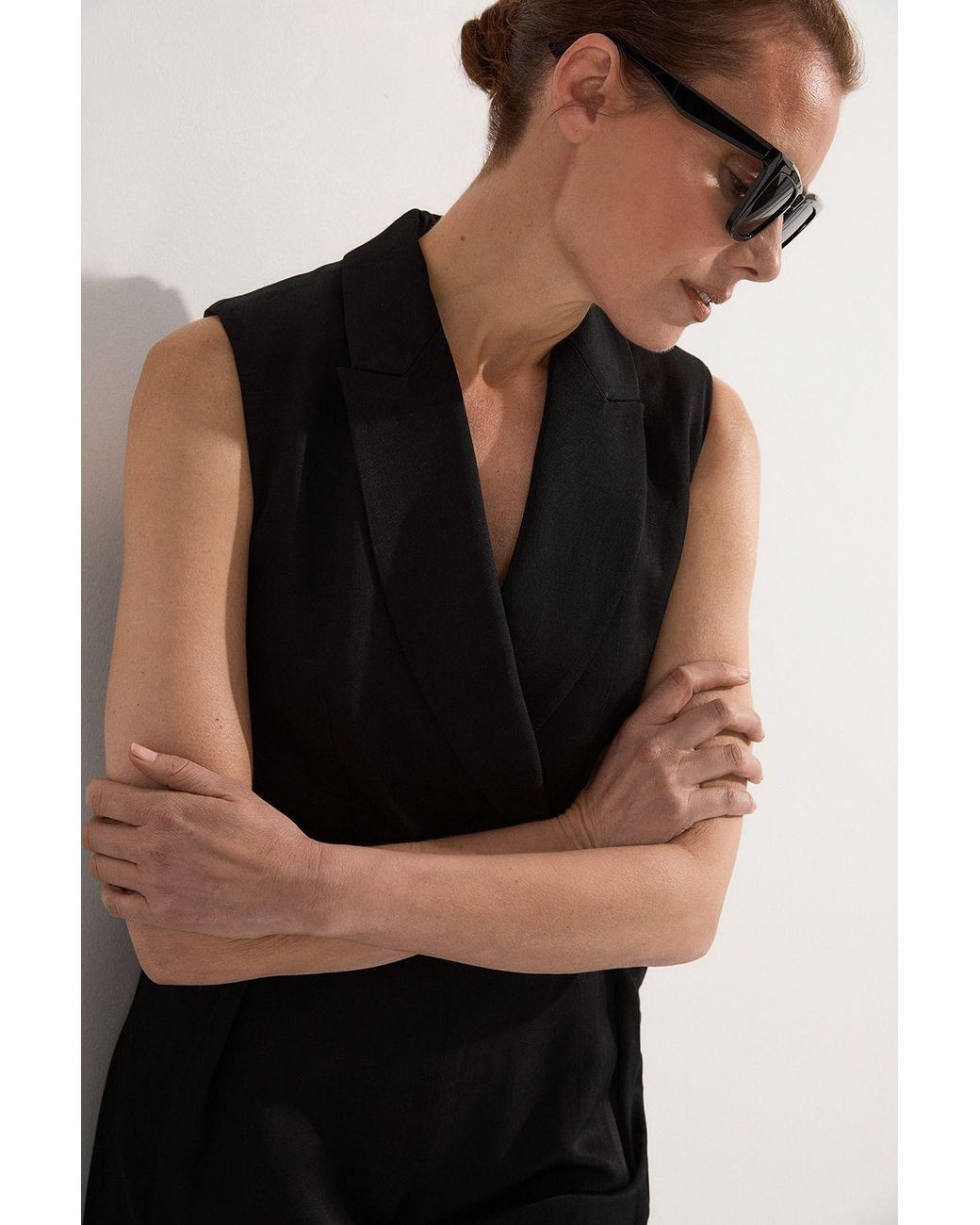 Karen Millen Black Petite Premium Viscose Linen Tailored Belted Wide Leg Jumpsuit