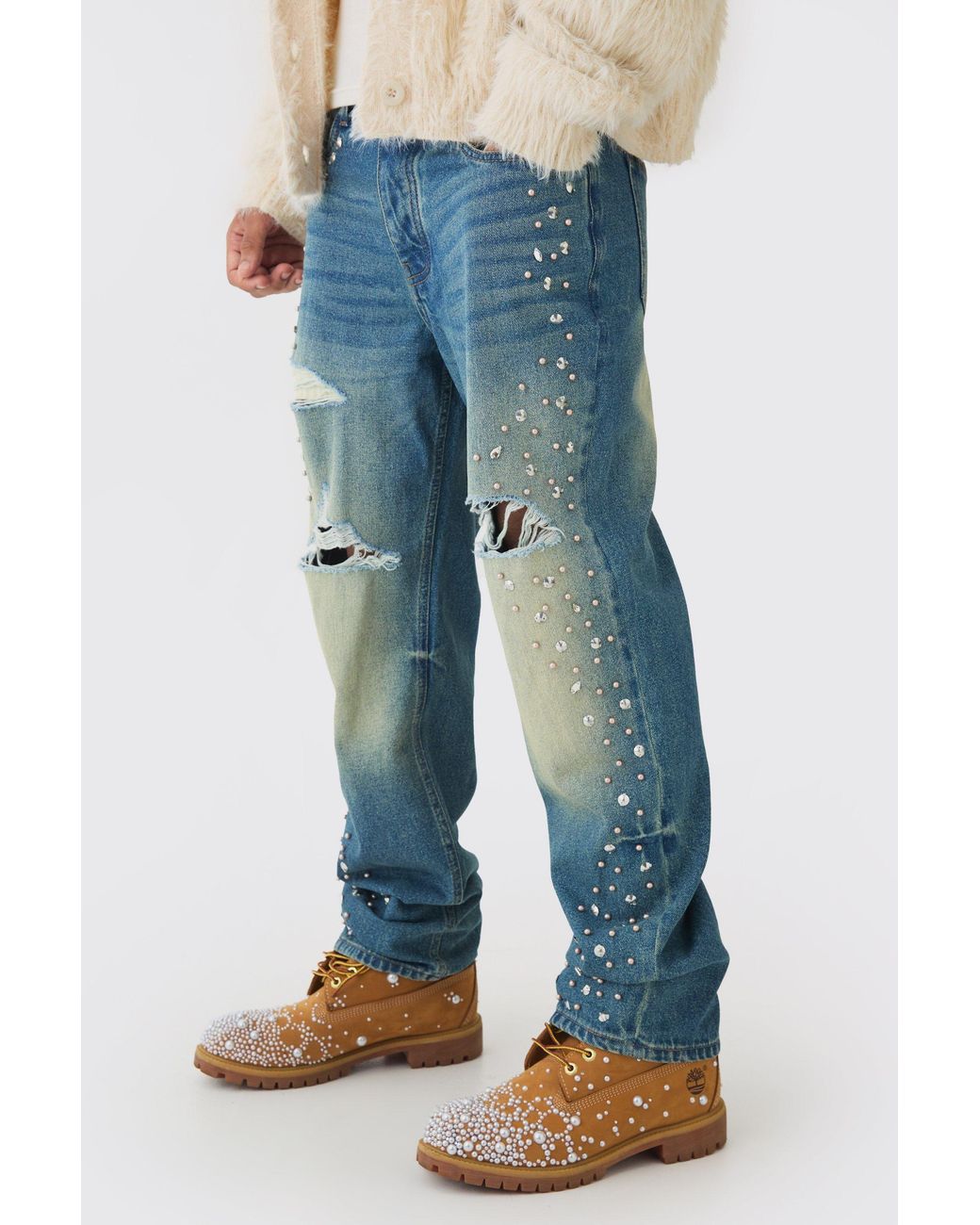BoohooMAN Blue Relaxed Rigid Flared Embellished Ripped Jeans for men