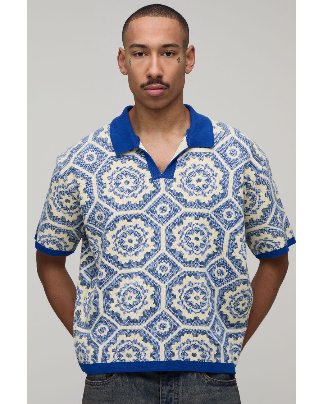 BoohooMAN Blue Oversized Boxy Crochet Cotton Blend Knitted Polo for men