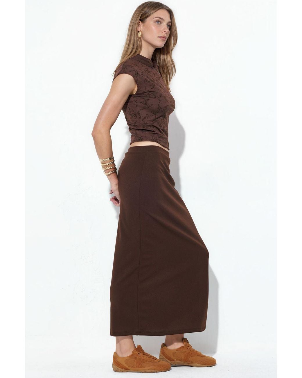 Busem Brown Midi Straight Crepe Skirt