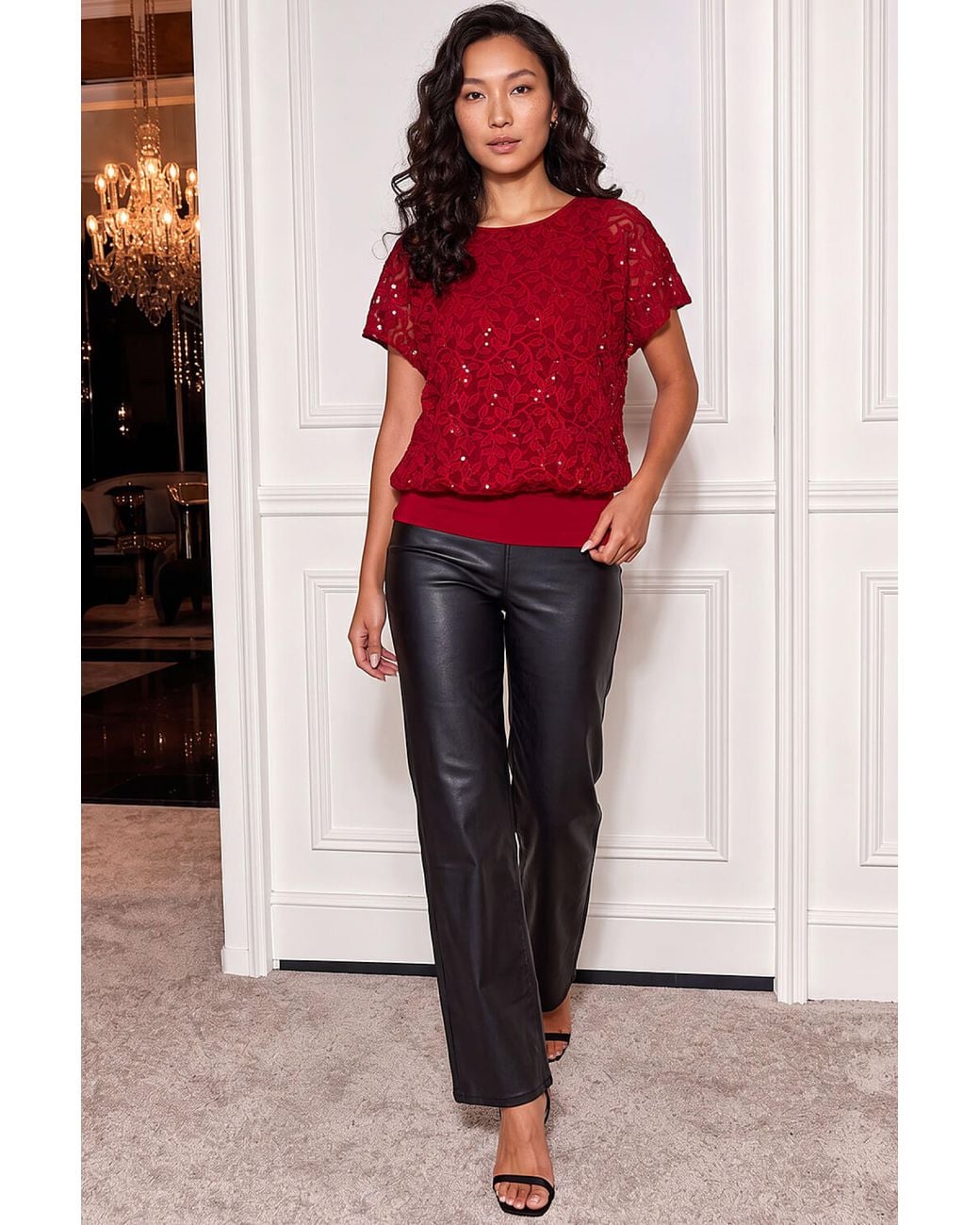 Roman Red Sequin Lace Bubble Hem Top