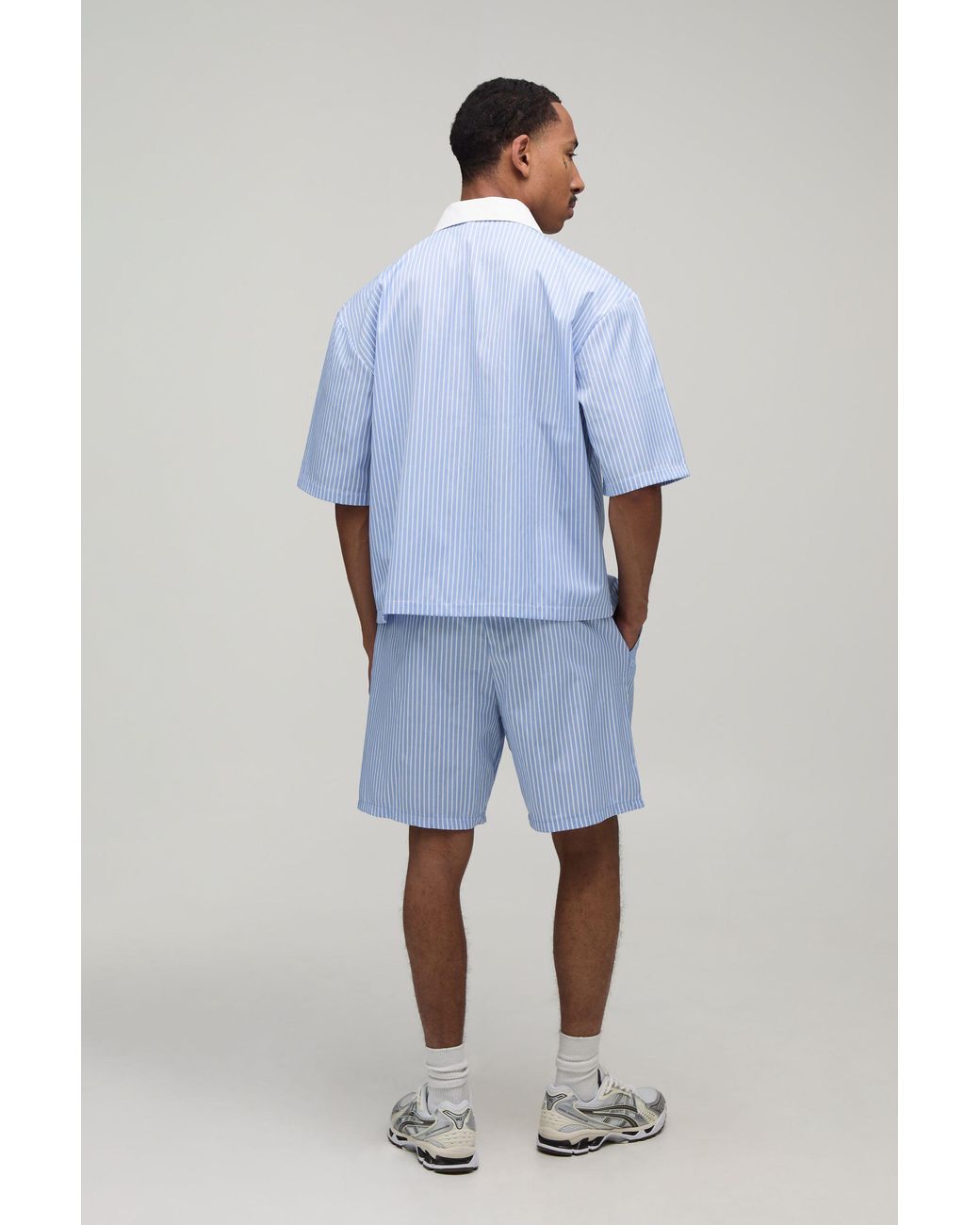 BoohooMAN Blue Contrast Collar 1/4 Zip Shirt & Short Set for men