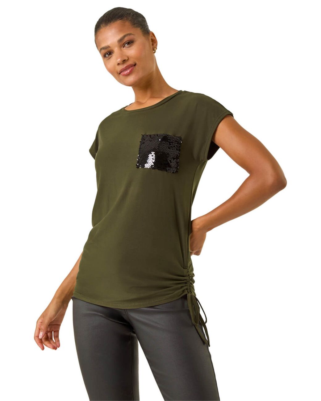 Roman Green Sequin Pocket Side Ruched T-Shirt
