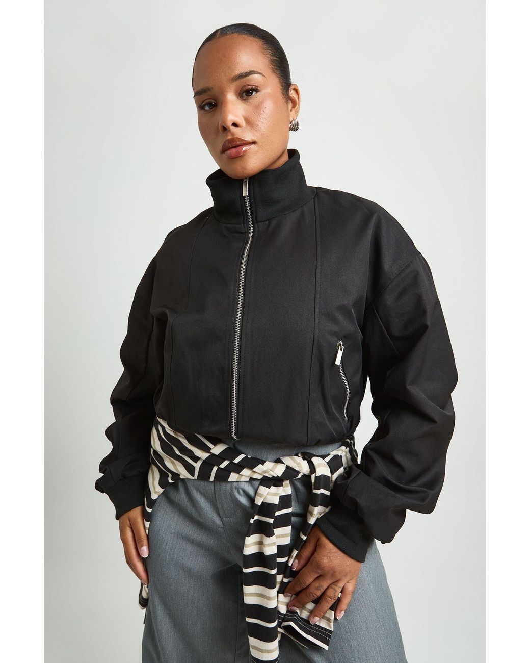 Boohoo Black Plus Funnel Neck Zip Through Bomber Jacket