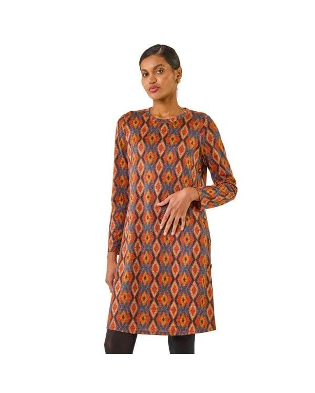 Roman Brown Geo Print Stretch Swing Dress