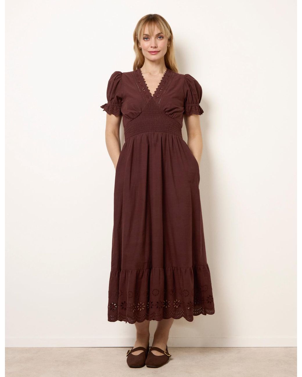 Blue Vanilla Brown Embroidery Detail V-Neck Maxi Dress