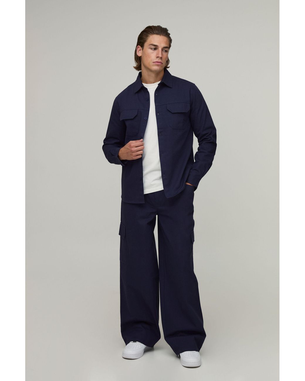 BoohooMAN Blue Regular Shirt & Straight Fit Cargo Trouser Set for men