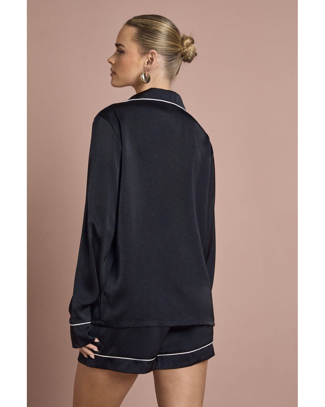 Boohoo Blue Satin Piping Detail Long Sleeve Shirt & Shorts Pyjama Set