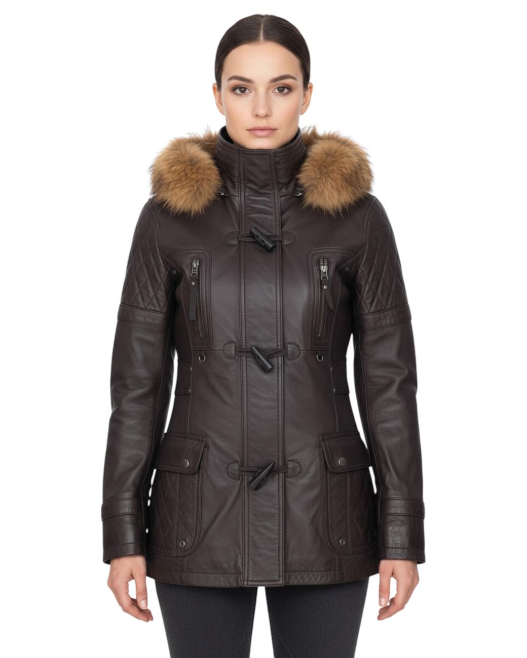 Infinity Leather Black Lamb Quilted Parka Fur Hood Jacket- Duchess