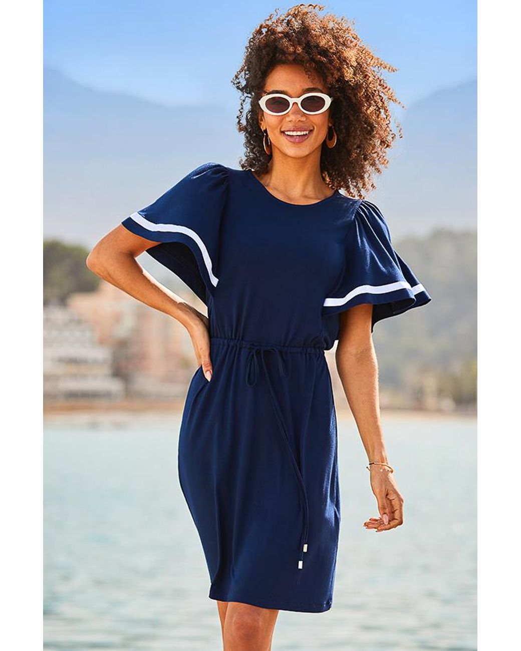 Sosandar Blue Contrast Trim Flutter Sleeve Dress