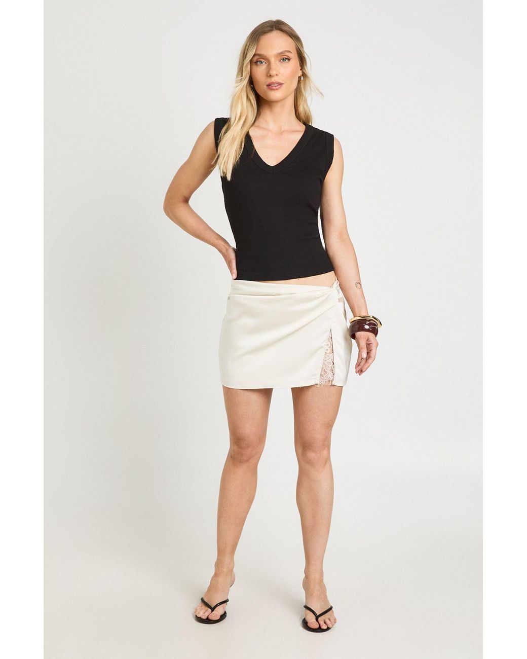 Boohoo White Petite Lace Insert Satin Mini Skirt