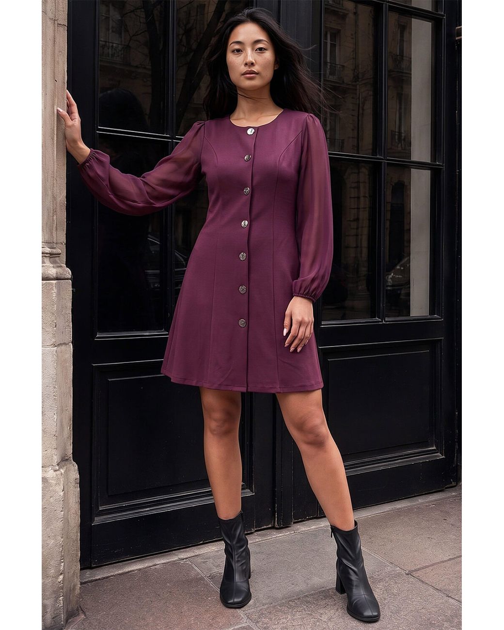 Roman Purple Petite Button Down Dress