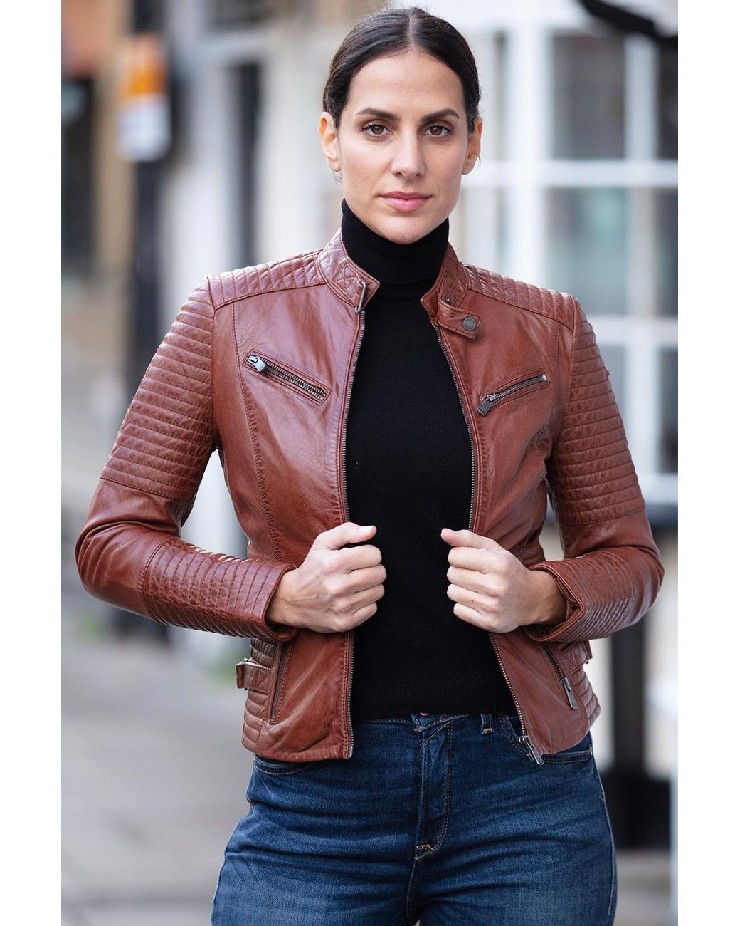 Monom Blue 'Bikex' Real Leather Ribbed Detailing Biker Jacket