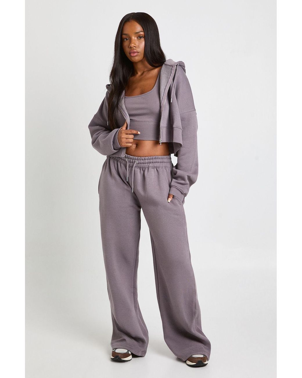 Boohoo Blue Deep Hem Crop Top 3 Piece Hooded Tracksuit