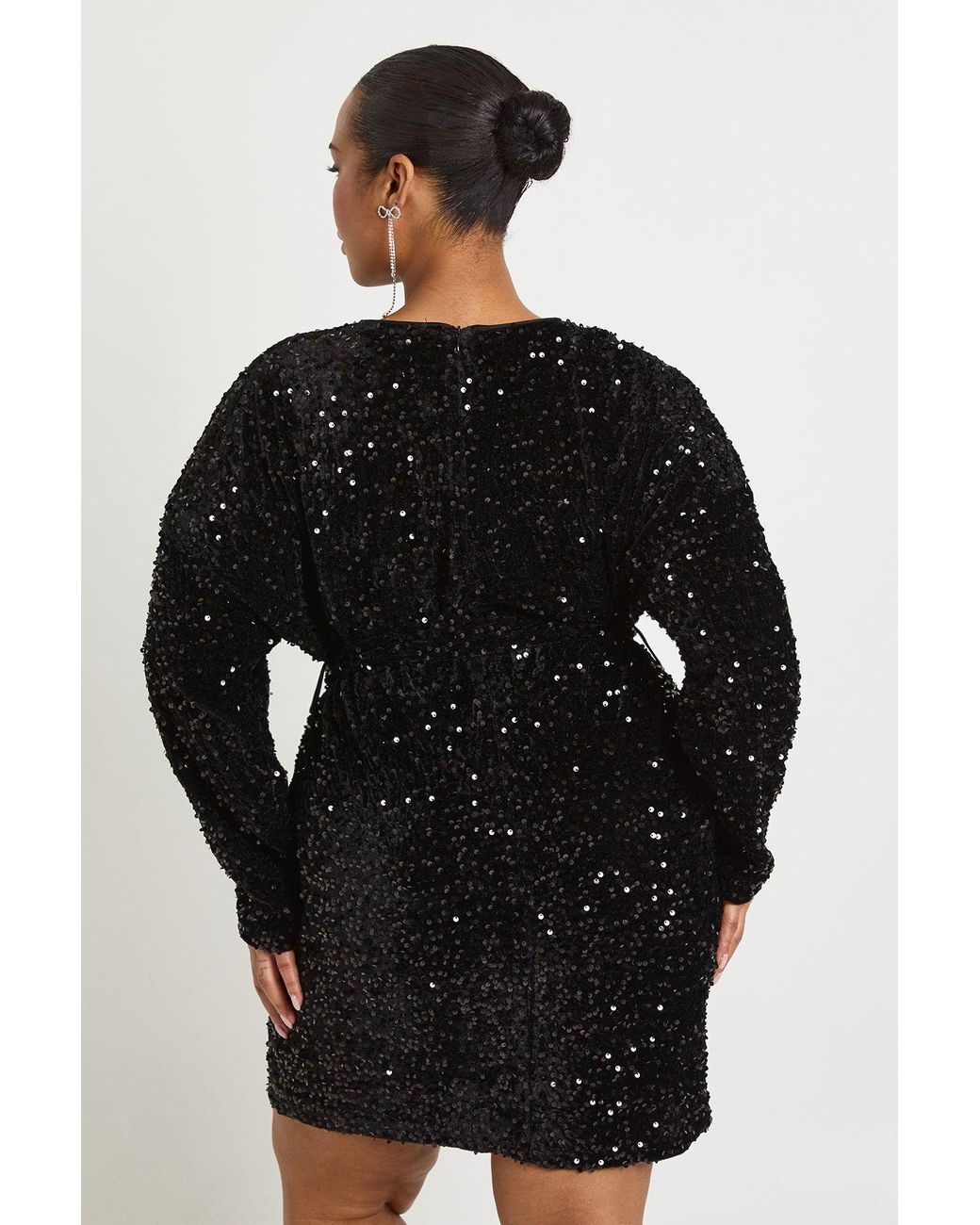 Boohoo Black Plus Velvet Sequin Tie Waist Mini Dress
