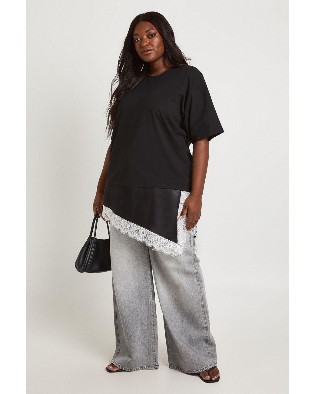 Boohoo Black Plus Contrast Lace Satin Hem T-Shirt