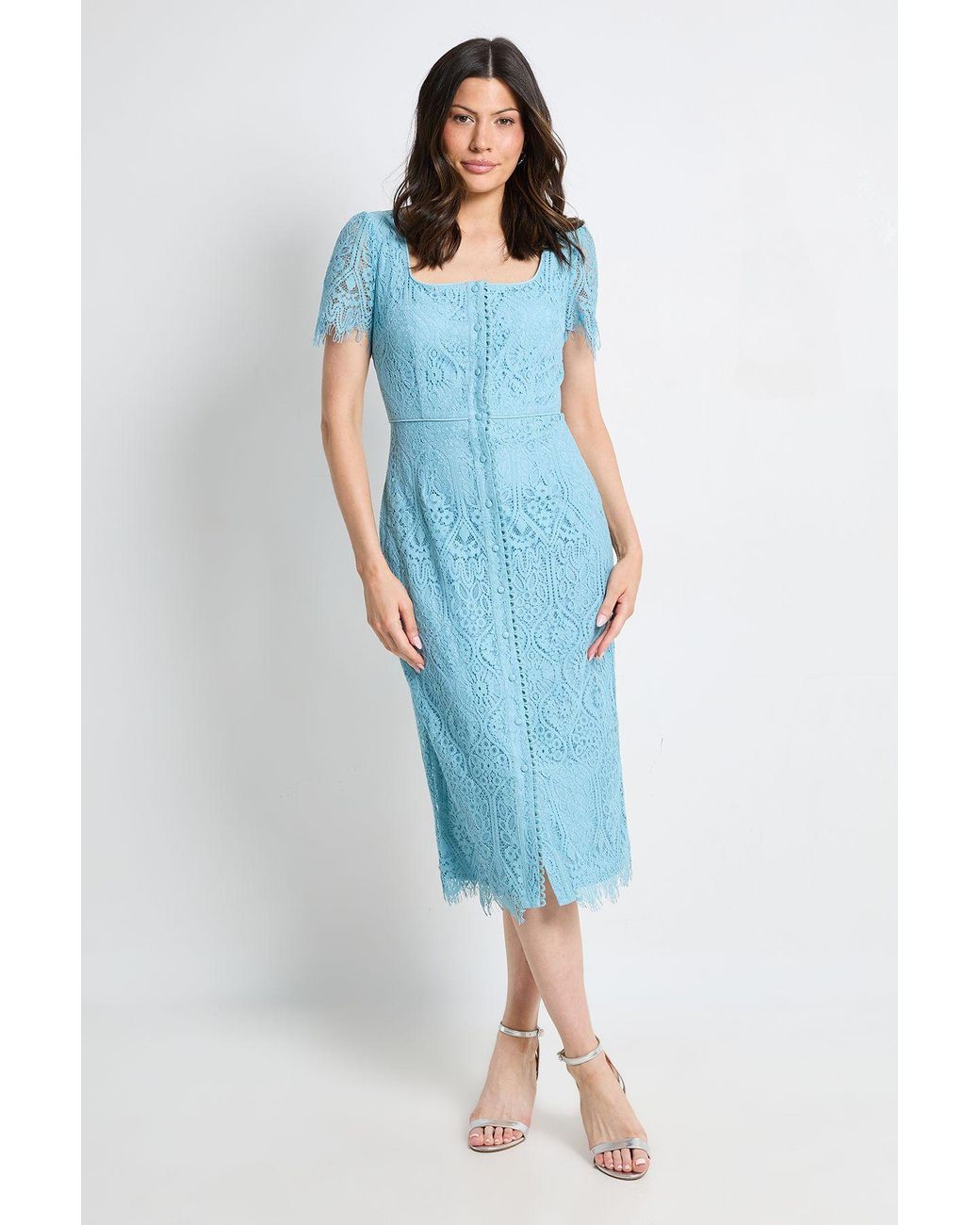 Wallis Blue Lace Button Midi Dress