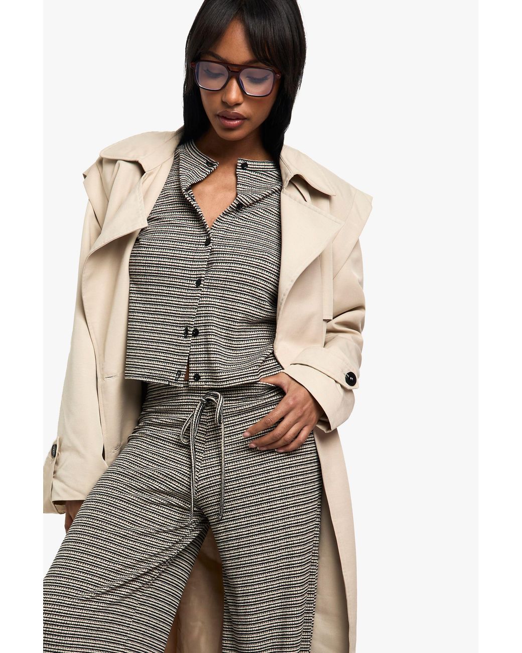 Boohoo Multicolor Striped Jersey Button Through Long Sleeve Top
