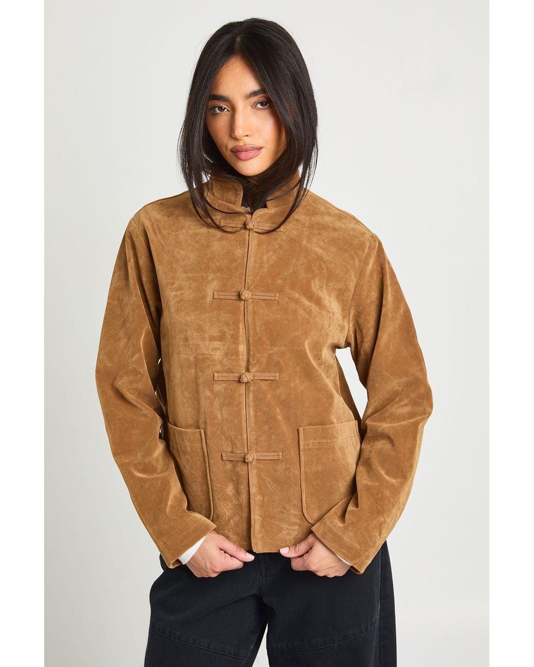 Boohoo Natural Stand Up Collar Faux Suede Jacket