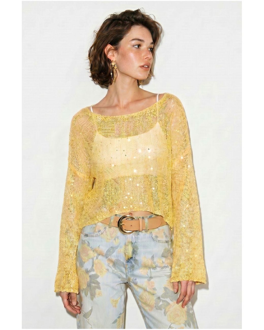 Bianco Lucci Yellow Loose Sequin Knit Crop Top