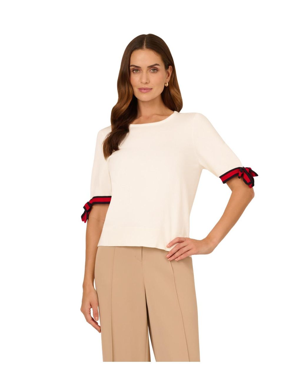 Adrianna Papell Natural Striped Bow Short Sleeve Sweater With Crew Neckline