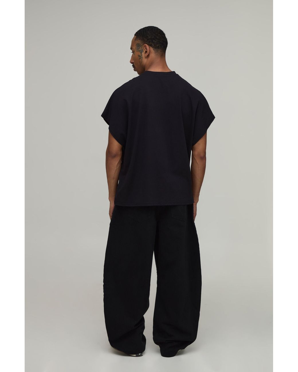 BoohooMAN Black Elasticated Waist Balloon Fit Double Leg Pleat Detail Twill Trousers for men