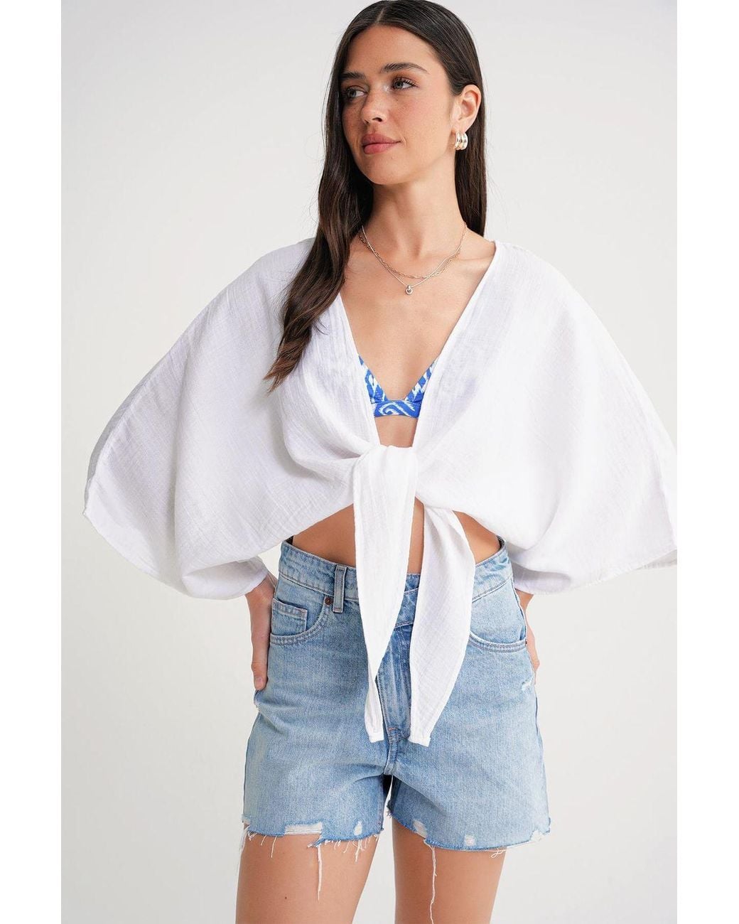 MixRay White Textured V-Neck Bolero Blouse