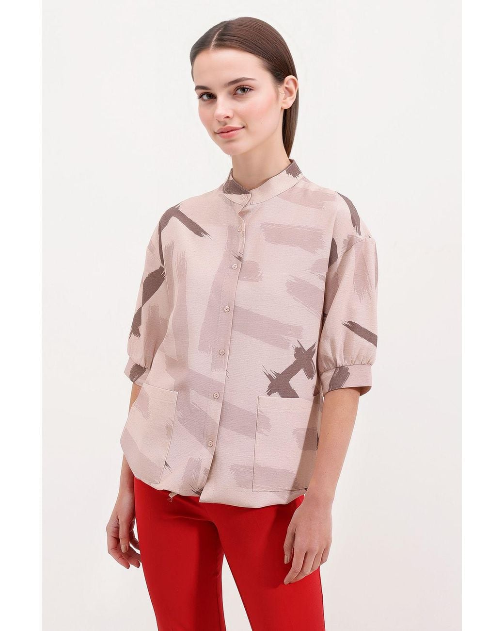 Bigdart Red Abstract Print Loose Fit Shirt With Pocket